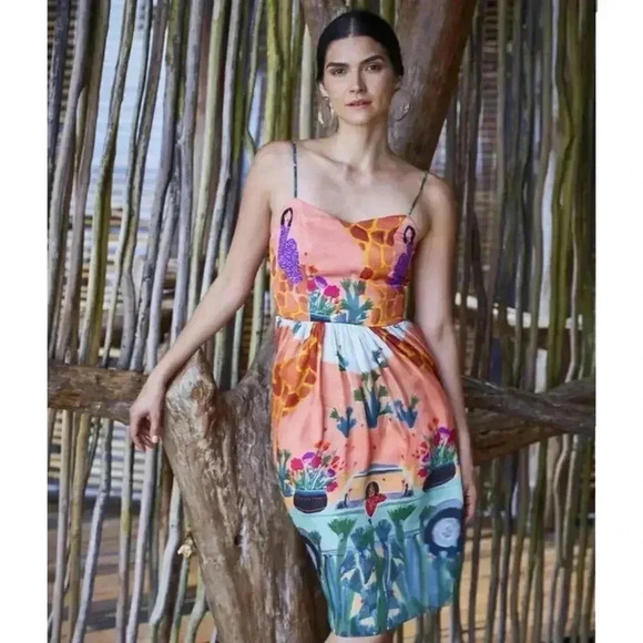 CAROLINA K JULIETTE DRESS - SAFARI - XS Satin Silk Watercolor Midi Floral Fitted - Picture 1 of 14